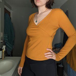 Frank & Oak mustard yellow stretchy wrap top